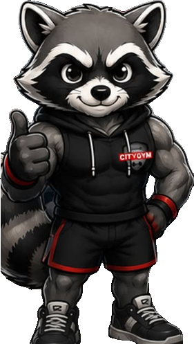 Das City Gym Maskottchen, ein muskulöser Waschbär im Vereinshoodie